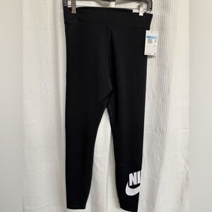 Nike Womens tight fit high rise full length m Black Leggings w/ White Logo Sz M